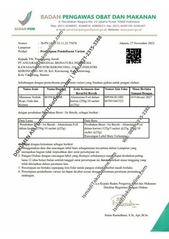 Dokumen Asli Surat Resmi BPOM produk Kopi Bongkarr, by IsmadiTokoOnline.com 