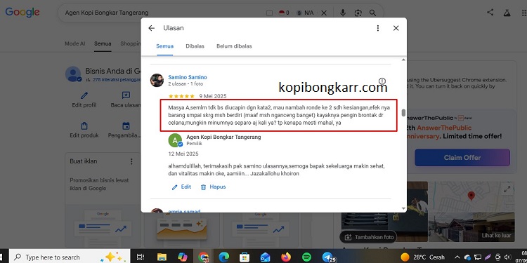 Tangkapan layar ulasan asli pelanggan Kopi Bongkar Denpasar Pangsan Bali mengenai khasiat herbal untuk kebugaran pria dewasa.