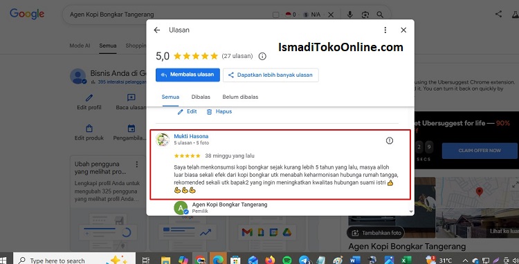 bukti nyata tangkapan layar testimoni kopi bongkar surabaya gentengkapasari