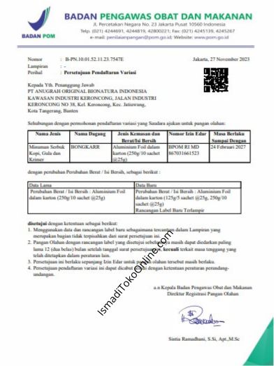 Surat persetujuan resmi BPOM RI MD 867031661523 untuk Kopi Bongkar asli, bukti legalitas herbal vitalitas pria yang aman dikonsumsi.