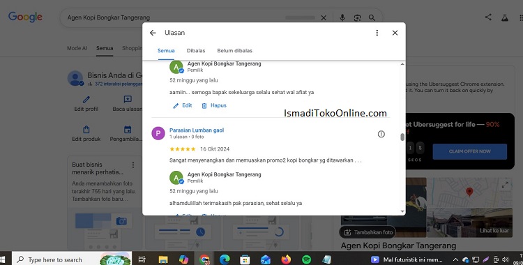 Tangkapan layar ulasan pelanggan di Google Bisnisku bukti nyata khasiat kopi bongkar medan yang asli dari agen resmi Medan Sumatera Utara.